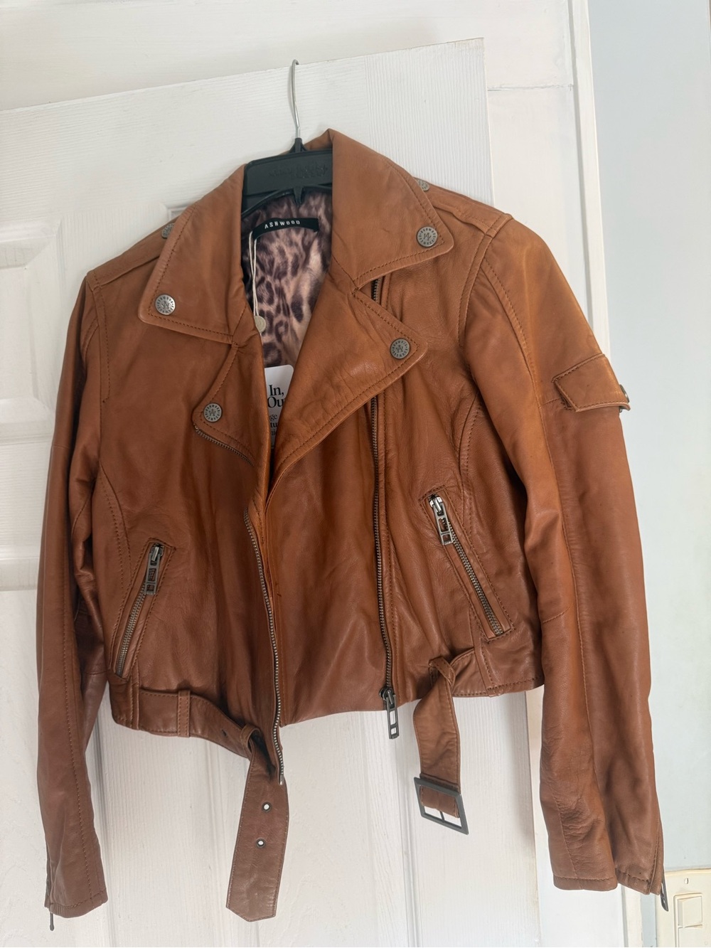 a new day Women's Brown Leather Moto Jacket with Belt